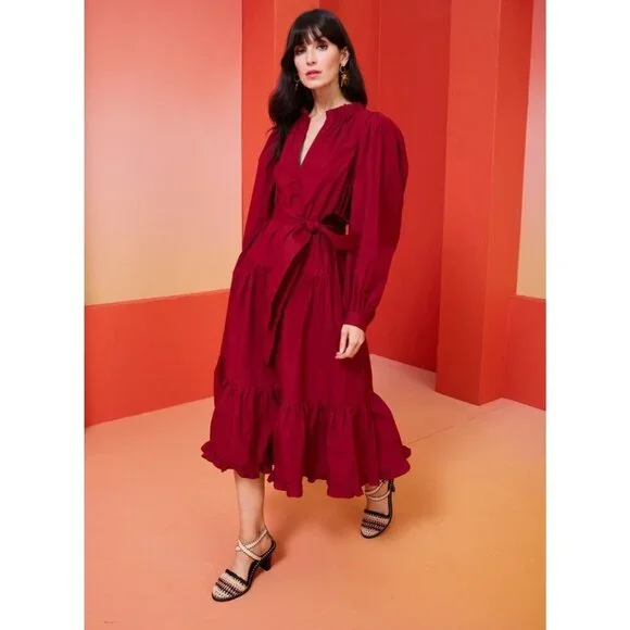 Marie Oliver Mariah Red Cotton Tiered Maxi Dress XS Belted